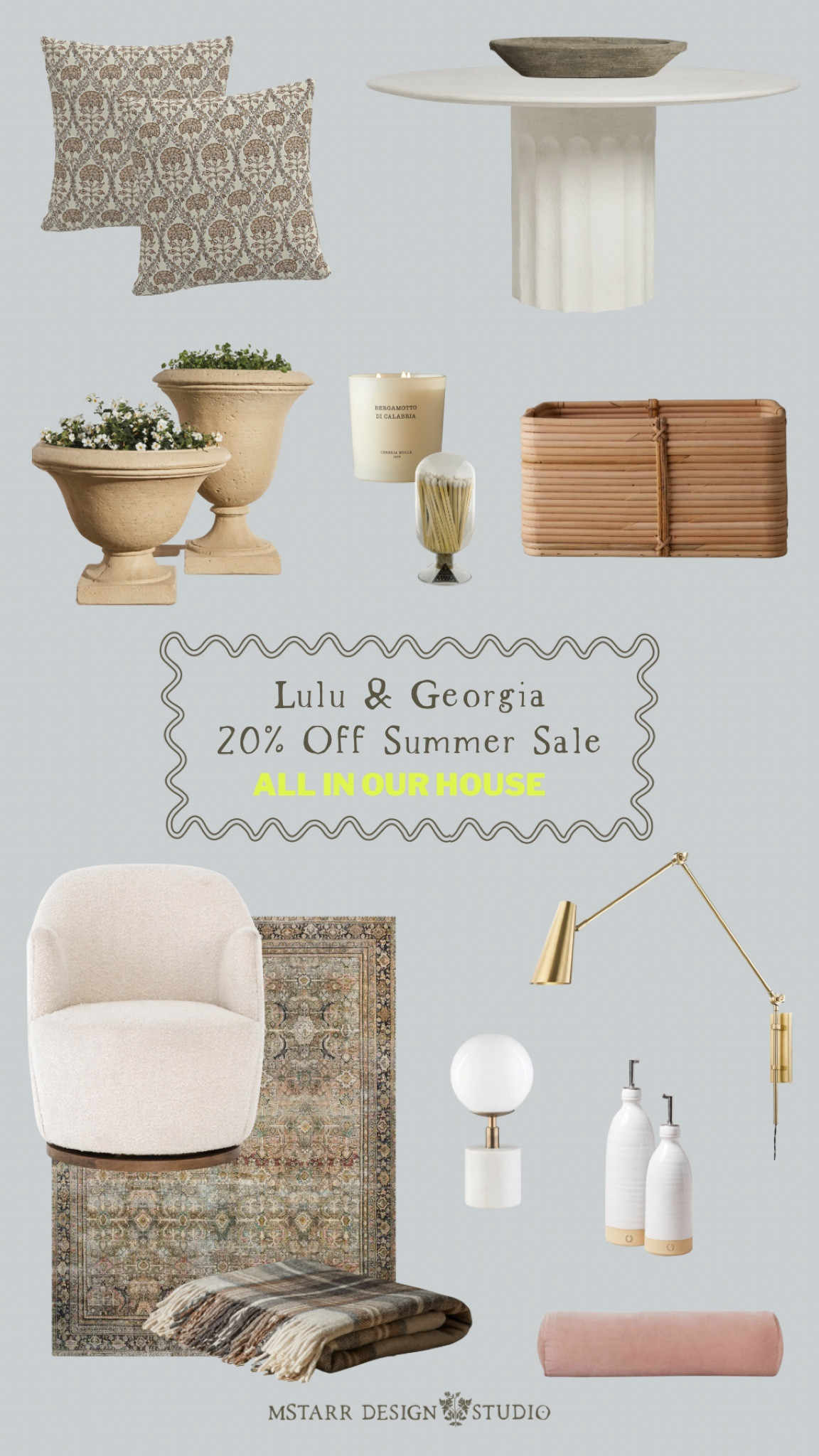 Lulu & Georgia 20% off Summer Sale, featuring all items in our house. No code needed! 

Home decor, furniture, outdoor dining table, outdoor pillows, stoneware planter, rattan basket, swivel chair, Loloi rug, brass wall sconce, match cloche, candle, velvet bolster pillow, Farmhouse Pottery

#LTKhome #LTKsalealert #LTKSeasonal
