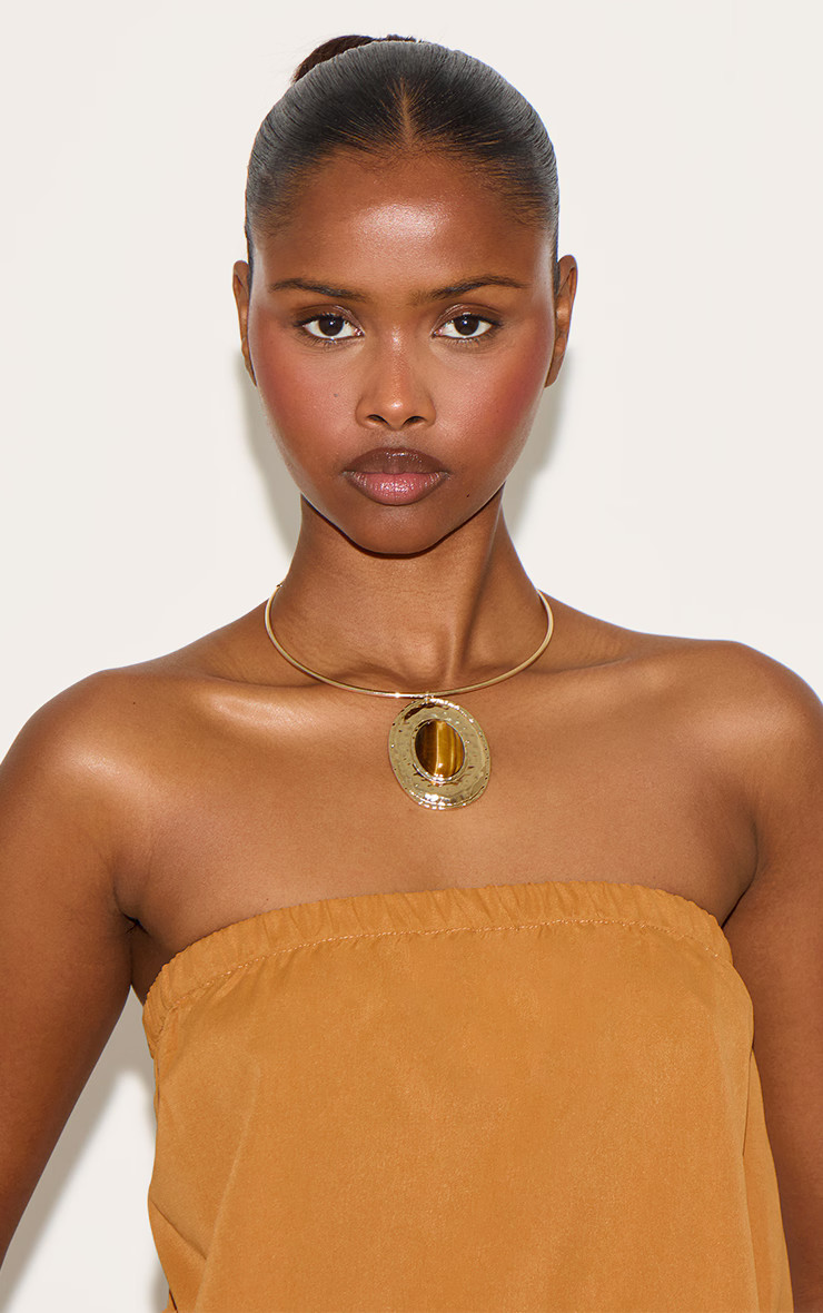 Gold Stone Center Statement Necklace | PrettyLittleThing US