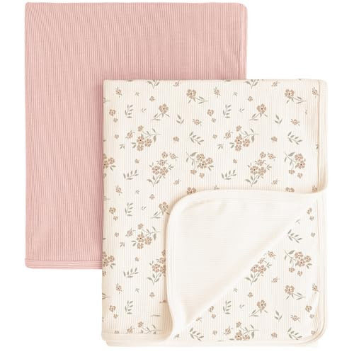 Konssy Knit Baby Blanket 2 Pack, Soft Ribbed Swaddle Receiving Blankets for Boys & Girls, Lightweight Cozy Swaddling Wrap for Newborns, Infants, & Toddlers, 33x42 Inch (Blossom,Pink) | Amazon (US)