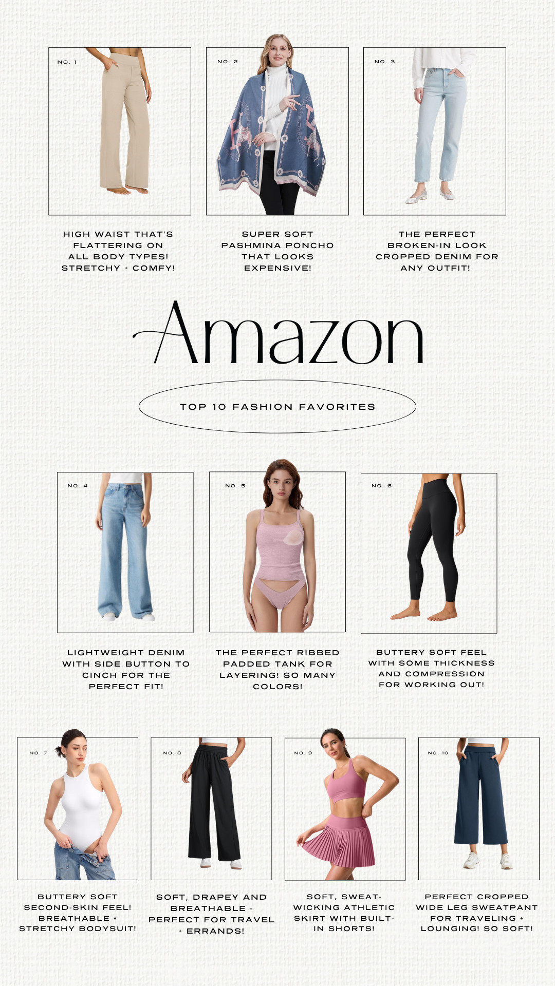 My top 10 fashion favorites from Amazon! High-waisted and cropped trousers, denim and sweatpants. Padded tanks. Athletic pants for yoga, pilates and gym. Pleated skirt with built-in shorts. Soft slimming bodysuits. Luxe pashmina poncho cover-up. Elevated casual outfits. Lightweight pants for warm weather.

#LTKSeasonal #LTKActive #LTKPetite