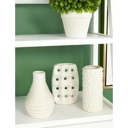 CosmoLiving Modern Style Alabaster White Ceramic Vases with Pierced Grid, Knotted, and Ridged Finish | Walmart (US)