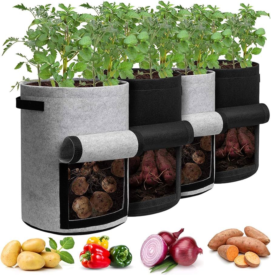 Potato Grow Bags with Flap 10 Gallon, 4 Pack Planter Pot with Handles and Harvest Window for Pota... | Amazon (US)