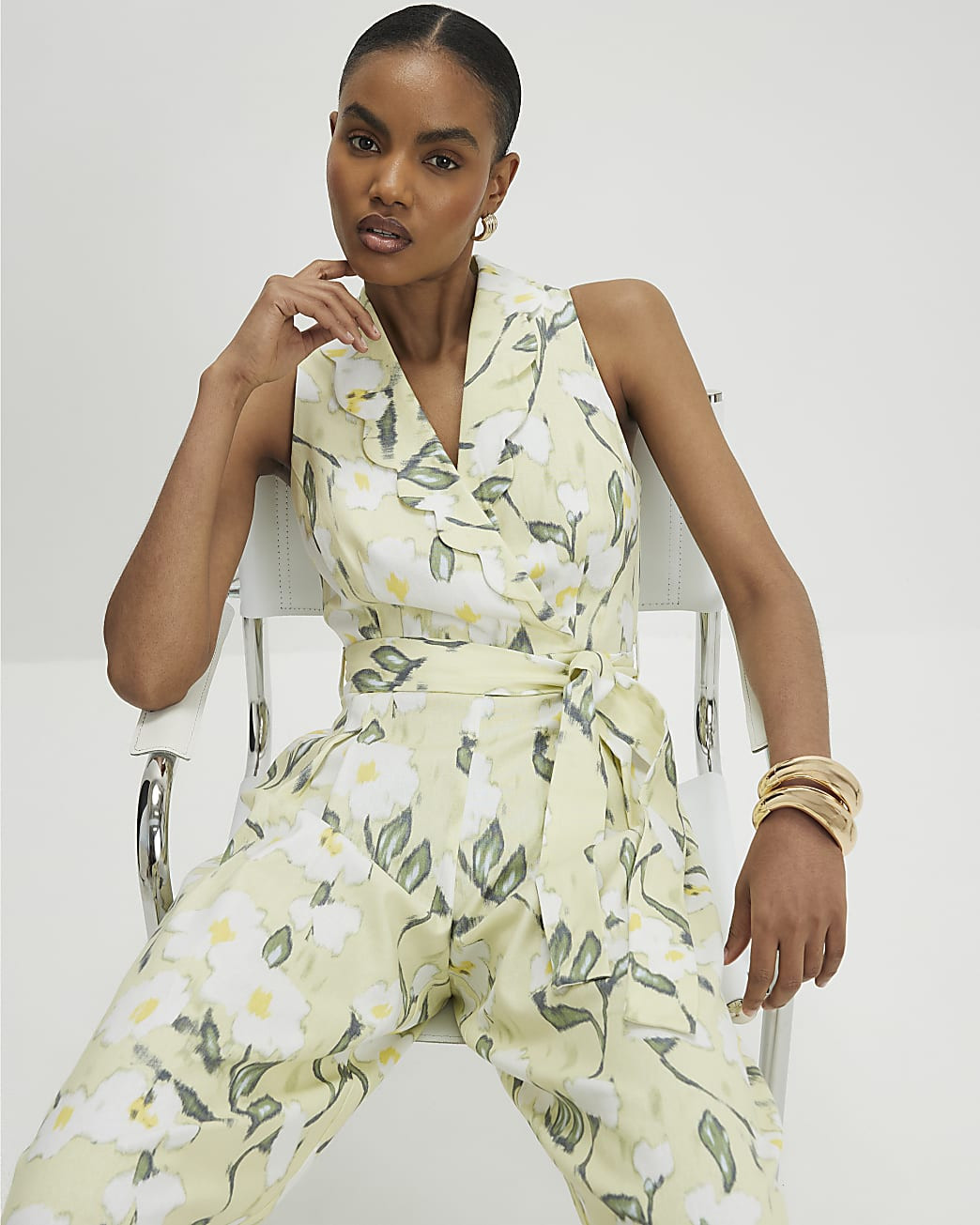 Green Floral Scallop Linen Blend Jumpsuit | River Island UK & IE