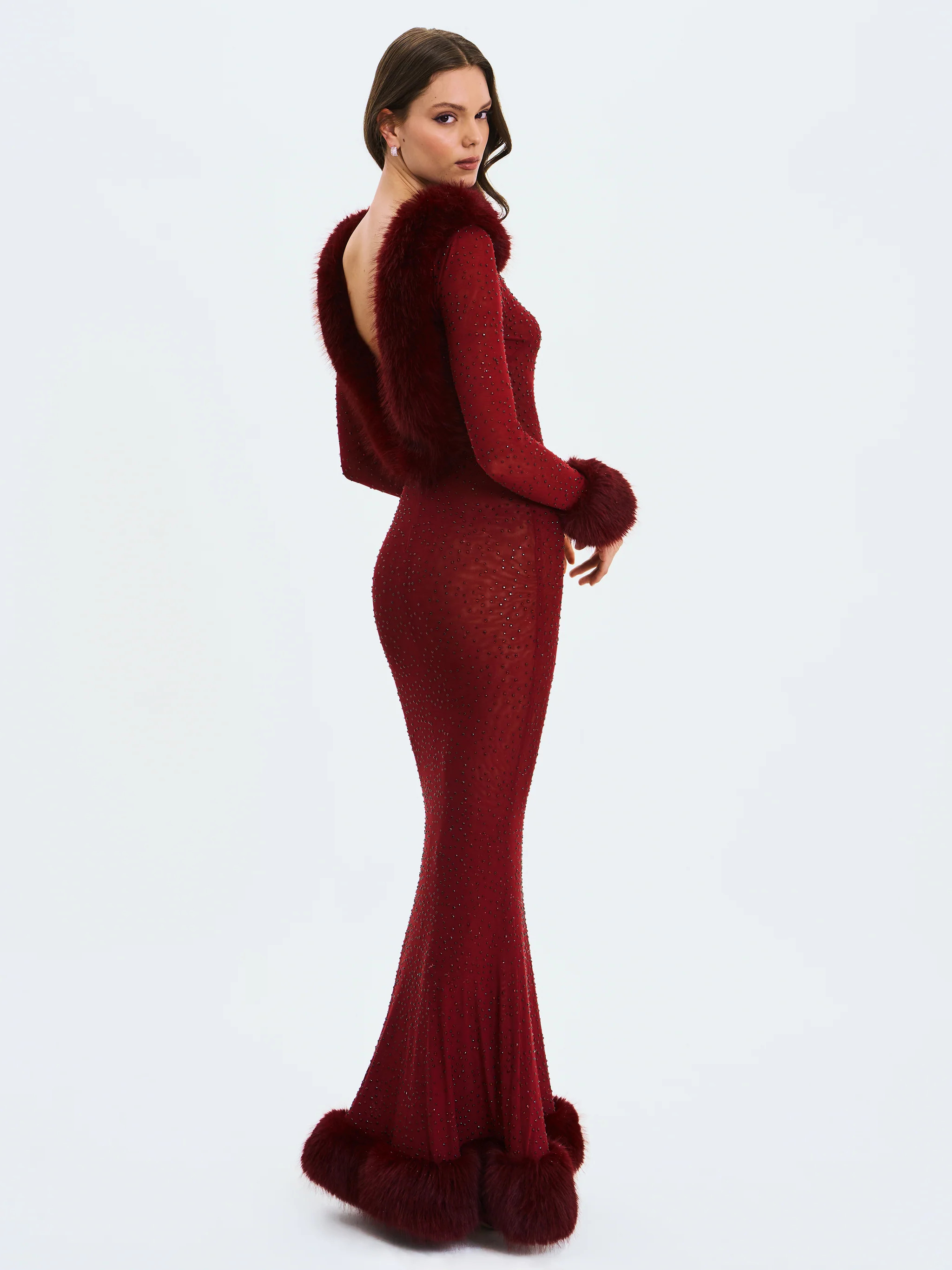 Melrose Burgundy Rhinestone Mesh Low Back Mermaid Dress | Miss Circle