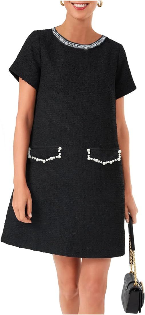 YEXPINE Women's Tweed Short Dress Pearls Rhinestone Inlaid Dress Elegant Business Work Dresses | Amazon (US)