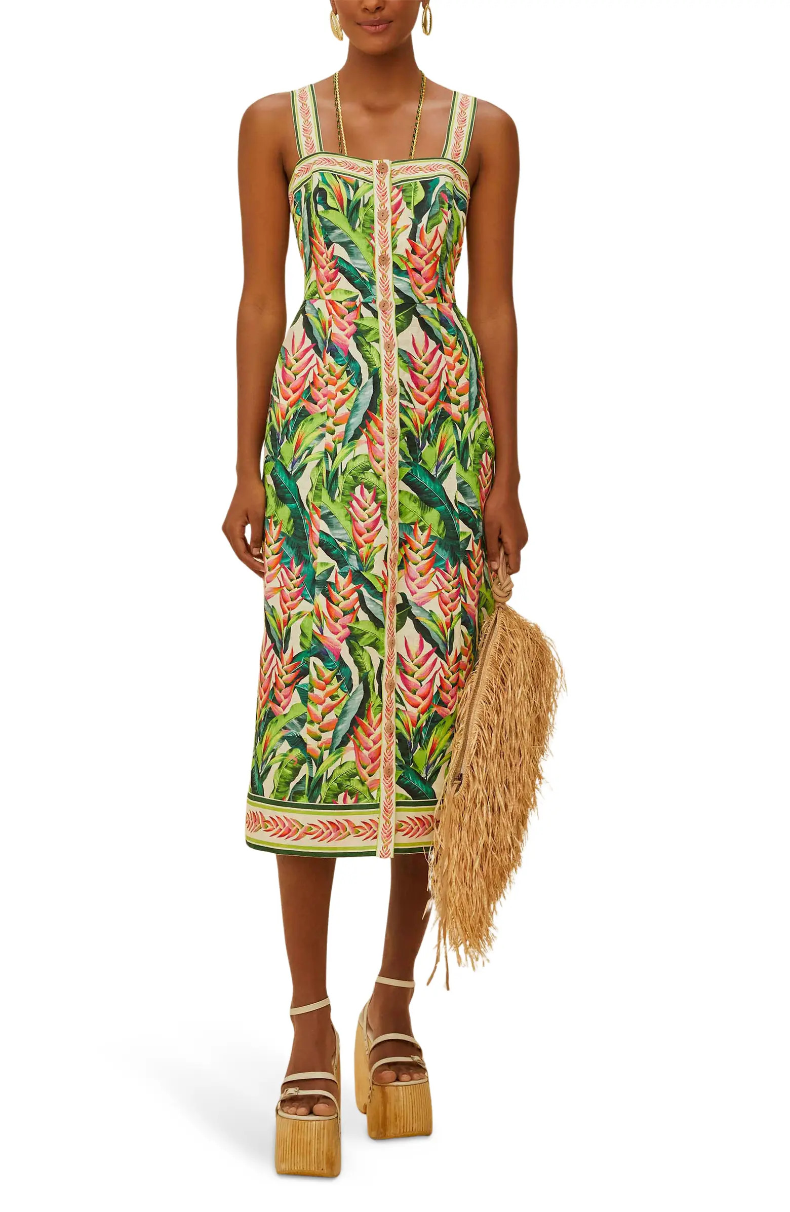 FARM Rio Heli Leaves Button Front Linen Midi Dress | Nordstrom | Nordstrom