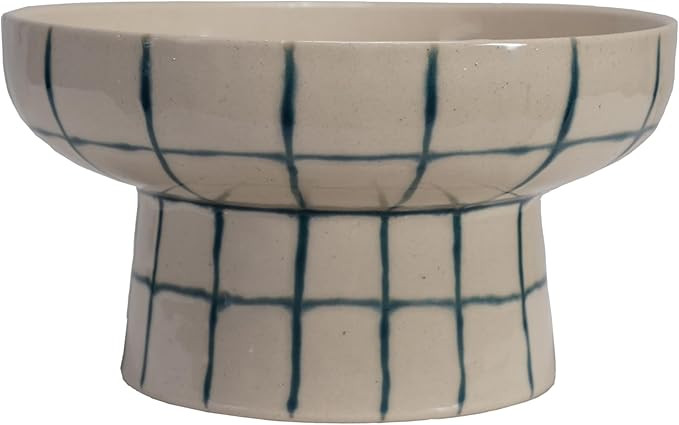 Creative Co-Op Stoneware Pedestal Bowl with Grid Pattern, Cream Color | Amazon (US)