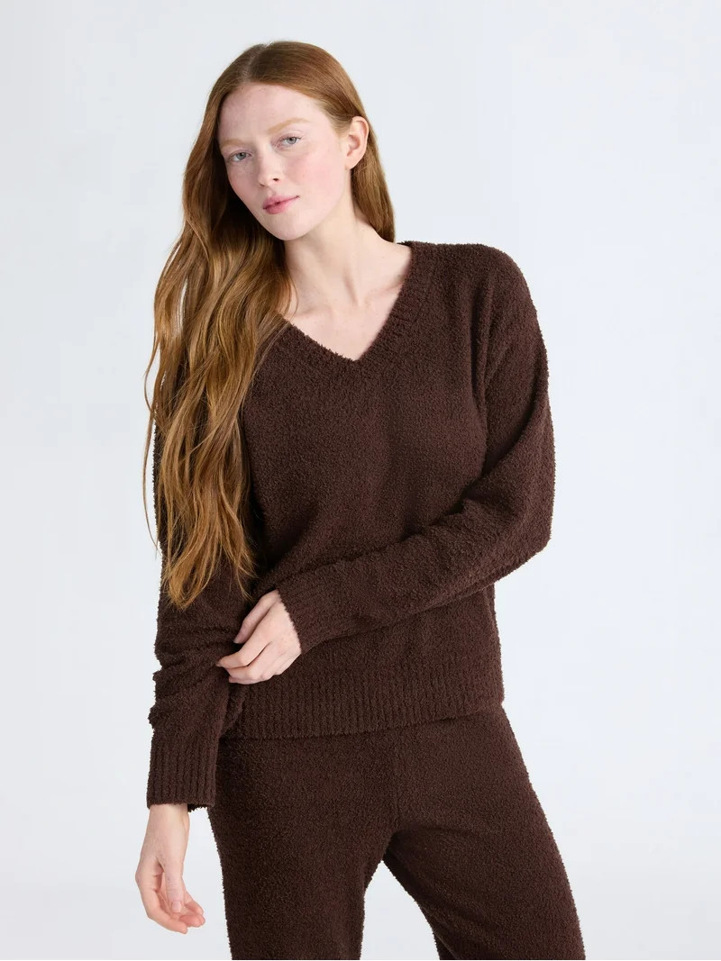 Joyspun Women's Sleepwear Cozy Knit V-Neck Pullover Top, Sizes XS-3X | Walmart (US)