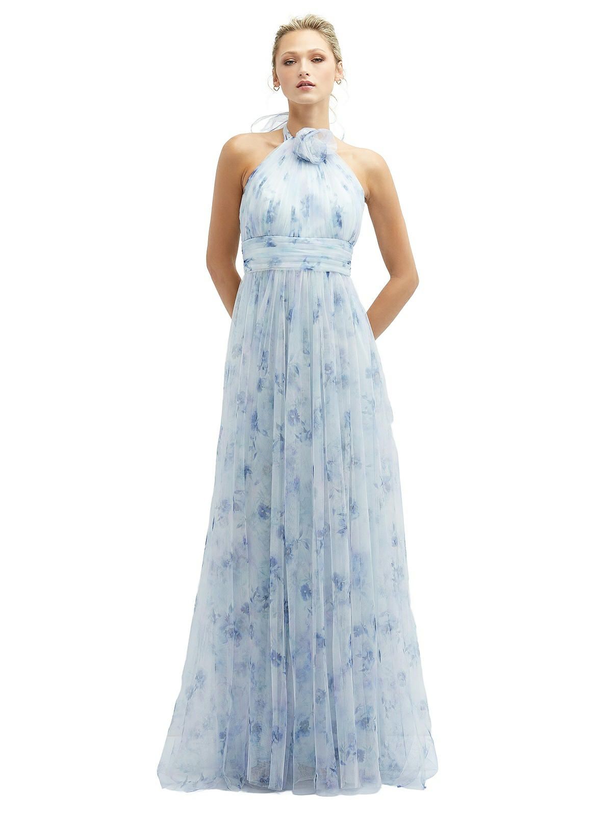 Floral Tie-Back Halter Tulle Dress with Long Full Skirt & Rosette Detail in Mist Garden | The Dessy Group