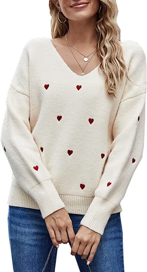 ECOWISH Women Valentine Heart Sweater V Neck Embroidery Knit Loose Casual Long Sleeve Ribbed Pull... | Amazon (US)