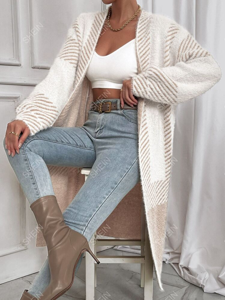 £21.99      
    £25.99
   
  -15%
        SHEIN Essnce Striped Pattern Fuzzy Duster Cardigan | SHEIN