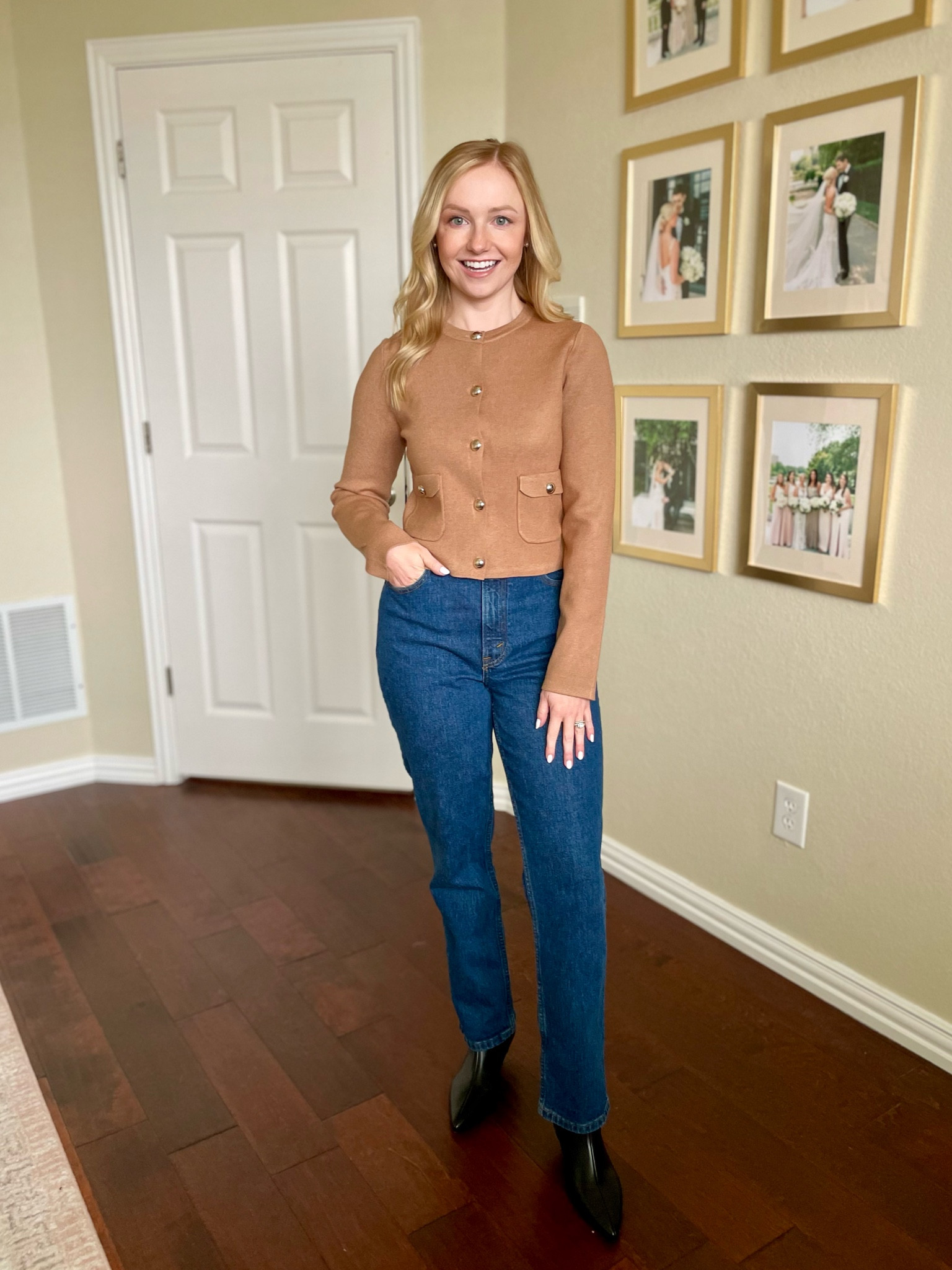 Wearing an S in top and 26S in jeans | cardigan, tan cardigan, straight jeans, dark jeans, petite jeans 

#LTKFindsUnder50 #LTKStyleTip #LTKSeasonal