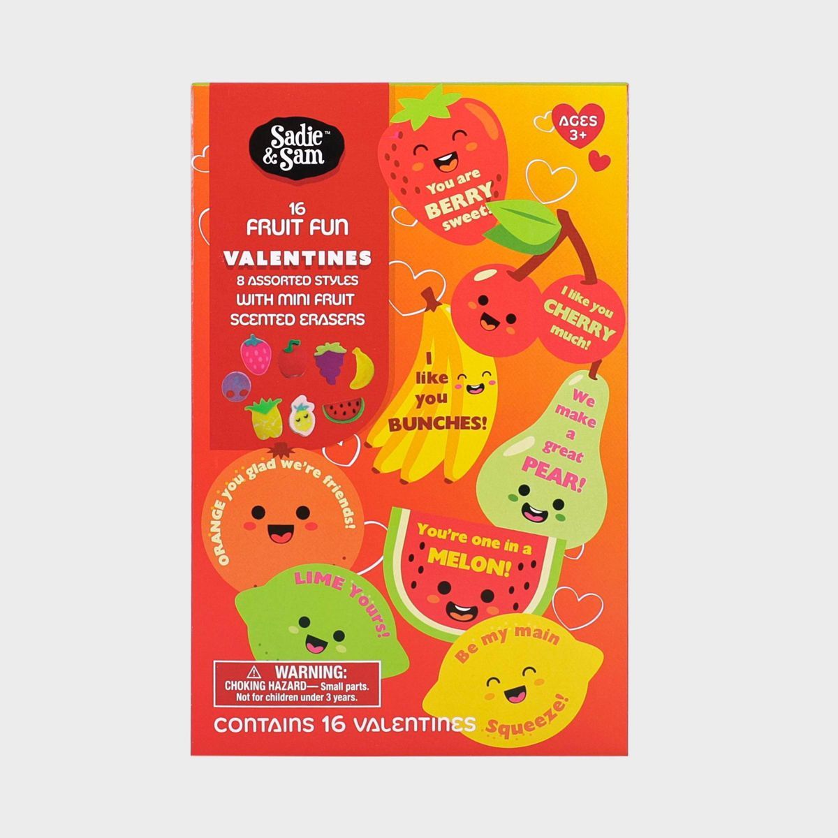 Sadie & Sam 16ct Fruit Fun Valentine's Day Classroom Exchange Cards with Mini Fruit Scented Erase... | Target