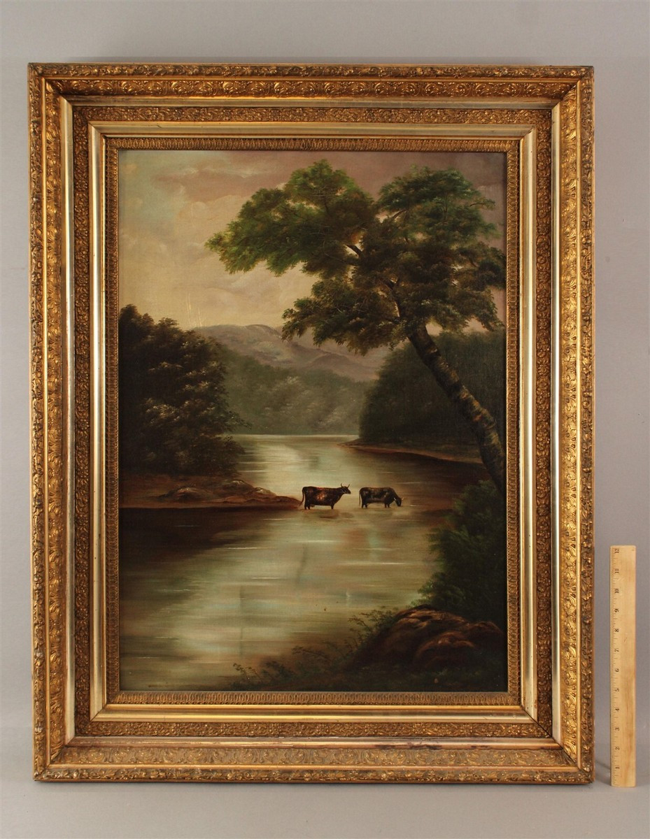 Large 19thC Antique American Gold Gilt Frame w/ Folk Art Cows Oil Painting  | eBay | eBay US