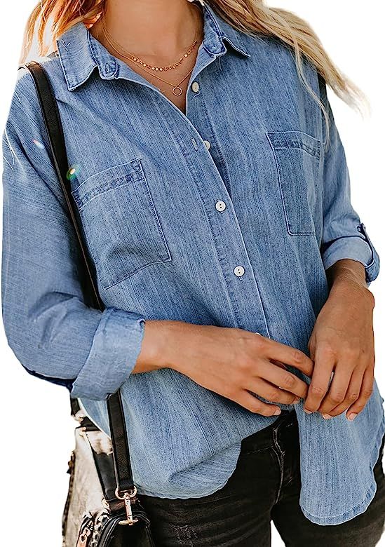 Dokotoo Blouses for Women Casual V Neck Short Sleeve Womens Denim Tops and Blouse | Amazon (US)