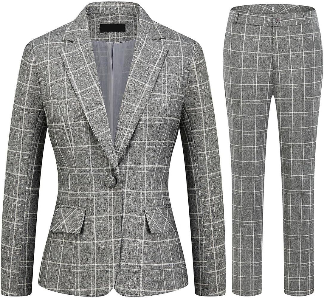MODFUL Women's 2 Piece Business Plaid Suit Set Office One Button Slim Fit Blazer with Pant | Amazon (US)