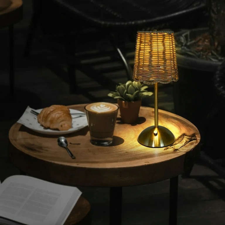 Home Decor Collection Cordless Indoor Rattan and Gold Colored Table Lamp with Touch Switch/Dimmer... | Walmart (US)