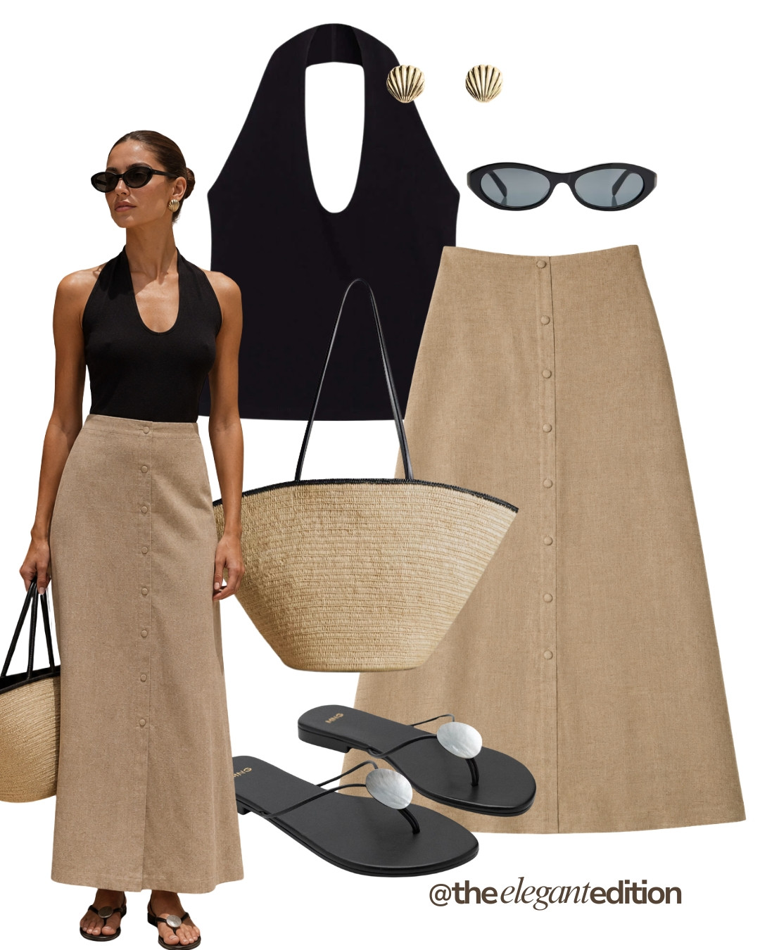 HALTER TOP & LINEN MAXI SKIRT 🤍 — Black halter top, camel button-front linen maxi skirt, woven straw tote, shell stud earrings and black thong sandals.
#summeroutfit #oldmoney #LTKsummer #LTKstyletip 

 #LTKeurope #LTKsummer #LTKstyletip