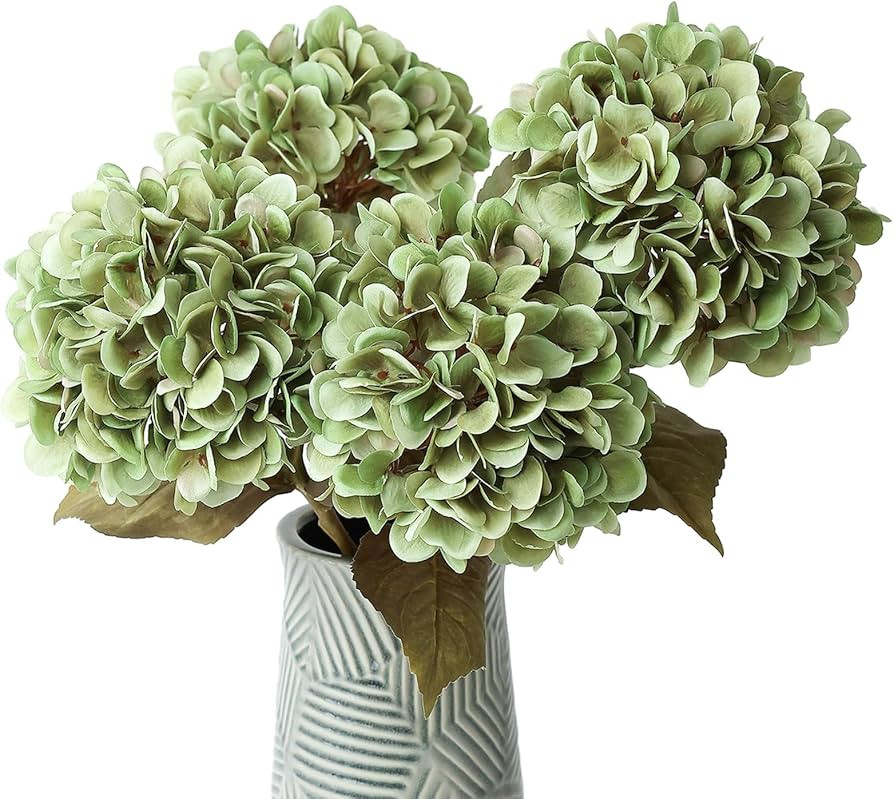 mizii 4Pcs Green Artificial Hydrangea Flowers Large Fake Silk Hydrangea Flower with Leaves Stems ... | Amazon (US)