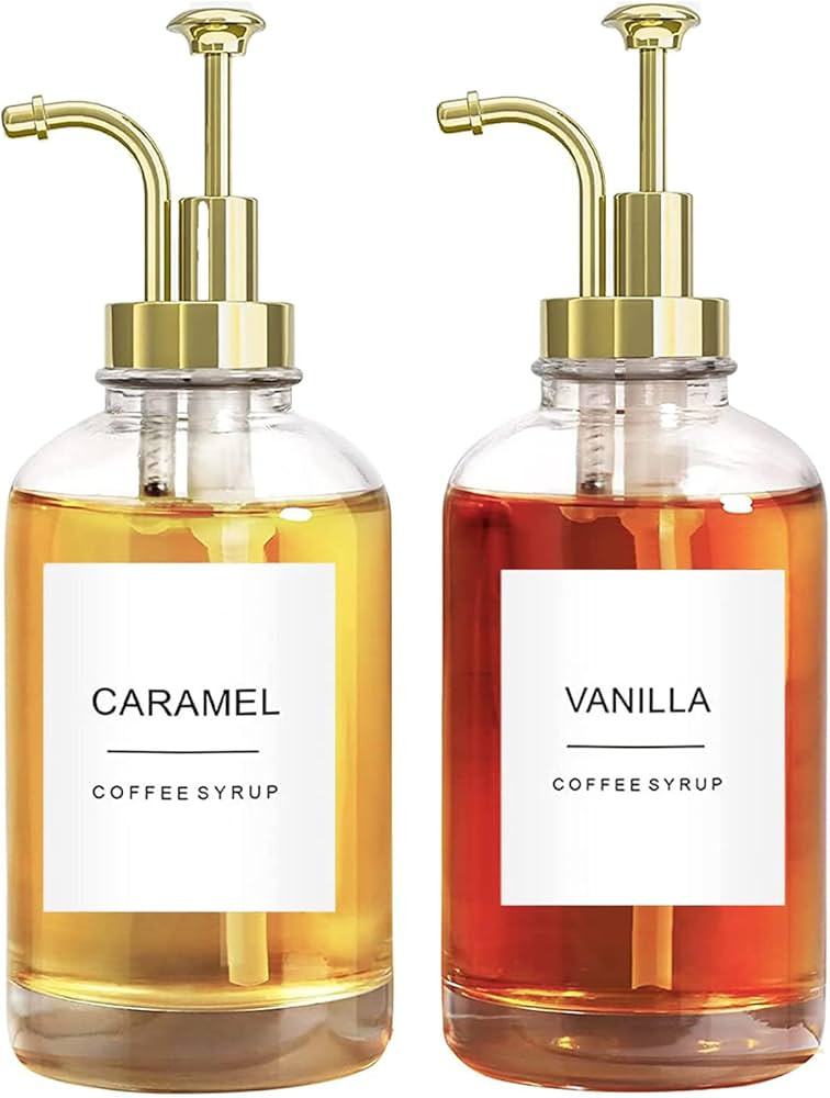 Ezebesta Set of 2 Syrup Dispensers 500ml Glass Bottles with Elegant Pumps and Various Syrup Label... | Amazon (UK)
