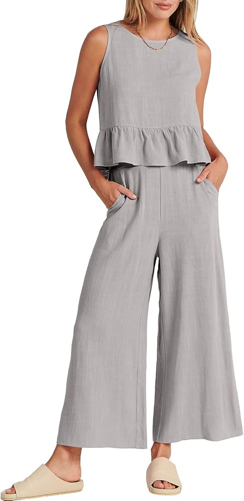 ANRABESS Women's Summer 2 Piece Outfits Sleeveless Tank Crop Top Wide Leg Pants Linen Lounge Matc... | Amazon (US)
