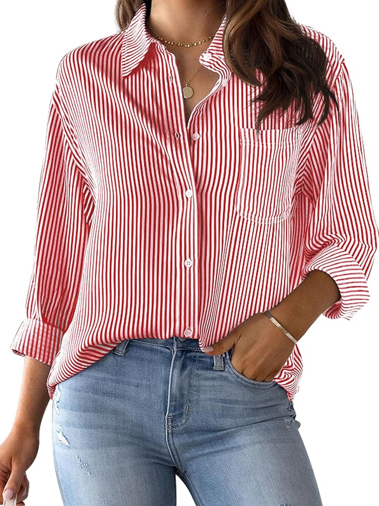 CUNLIN Grade 4 Wrinkle-Resistant Women's Button Down Shirts Striped Long Sleeve Collared Blouses ... | Amazon (US)