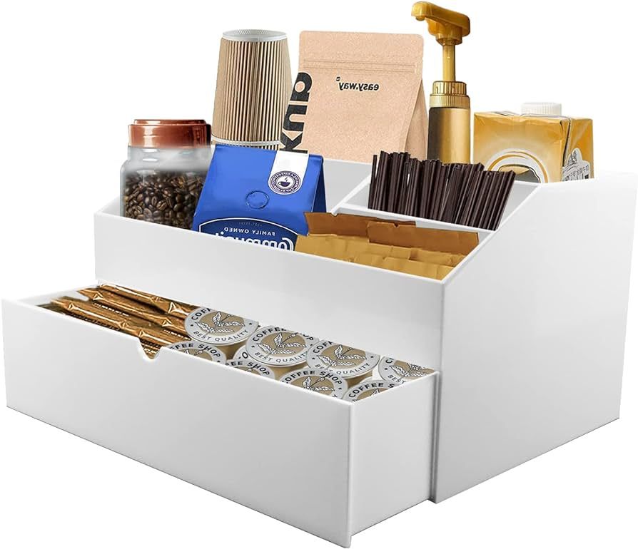 Coffee Station Organizer with Drawer,Coffee Bar Essentials Condiment Pod Storage, Coffee Bar Set ... | Amazon (US)