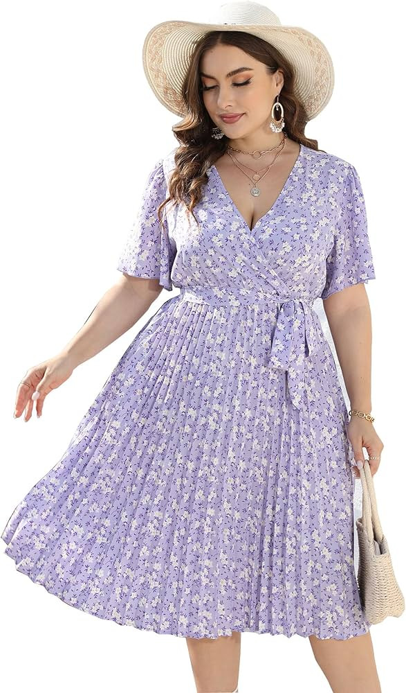 KOJOOIN Women Plus Size Wrap V Neck Pleated Hem Dress Short Sleeve Elegant A Line Midi Dress with... | Amazon (US)