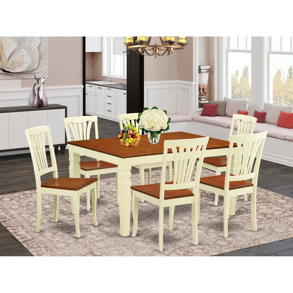 7 Pc Kitchen table set with a Dinning Table and 6 Wood Dining Chairs in Buttermilk and Cherry | Shop Simon