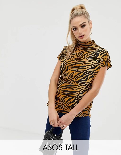 ASOS DESIGN Tall short sleeve high neck top in tiger animal print | ASOS US