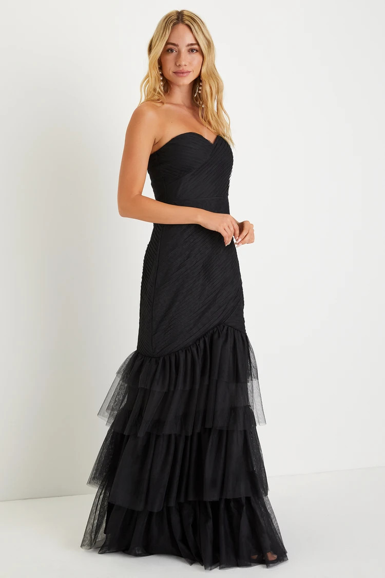 Stunning Icon Black Tulle Pleated Strapless Trumpet Maxi Dress | Lulus (US)