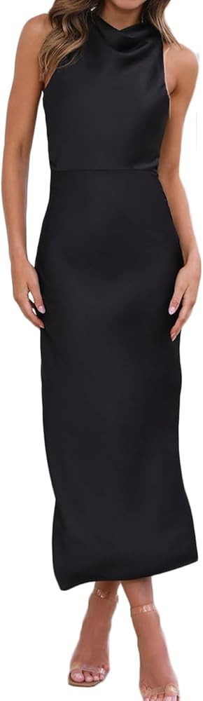 Halfisland Satin High Neck Backless Sleeveless Midi Dresses for Women Elegant Mock Neck High Wais... | Amazon (US)