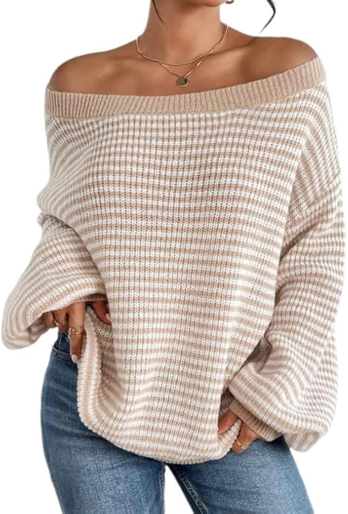 Women's Oversized Striped Sweater Casual Off The Shoulder Sweater Fall Long Sleeve Loose Knit Pul... | Amazon (US)