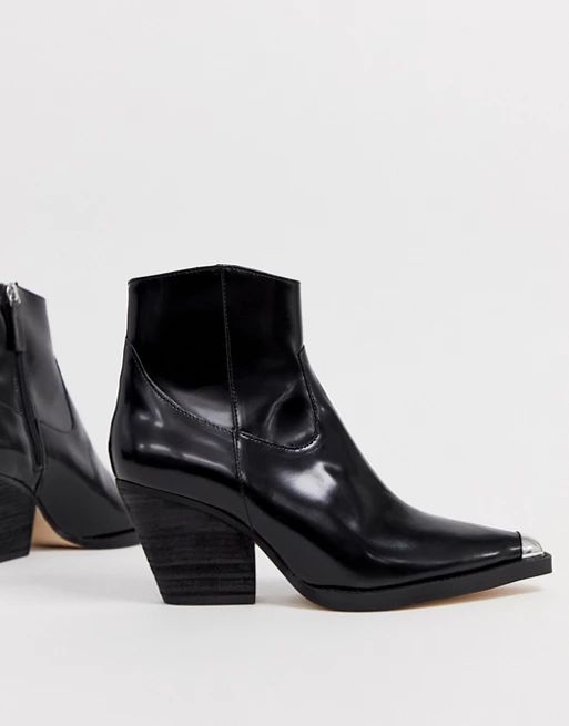 Office Arriba black leather western mid heeled ankle boots with metal toe cap | ASOS UK