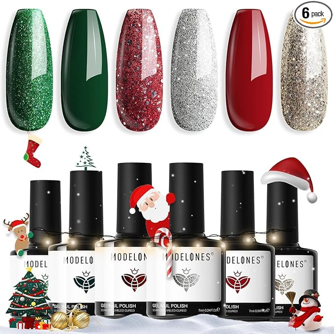 Modelones Christmas Gel Nail Polish Set, 6 Colors 2025 Winter Sparkle Dark Green Red Silver Champ... | Amazon (US)