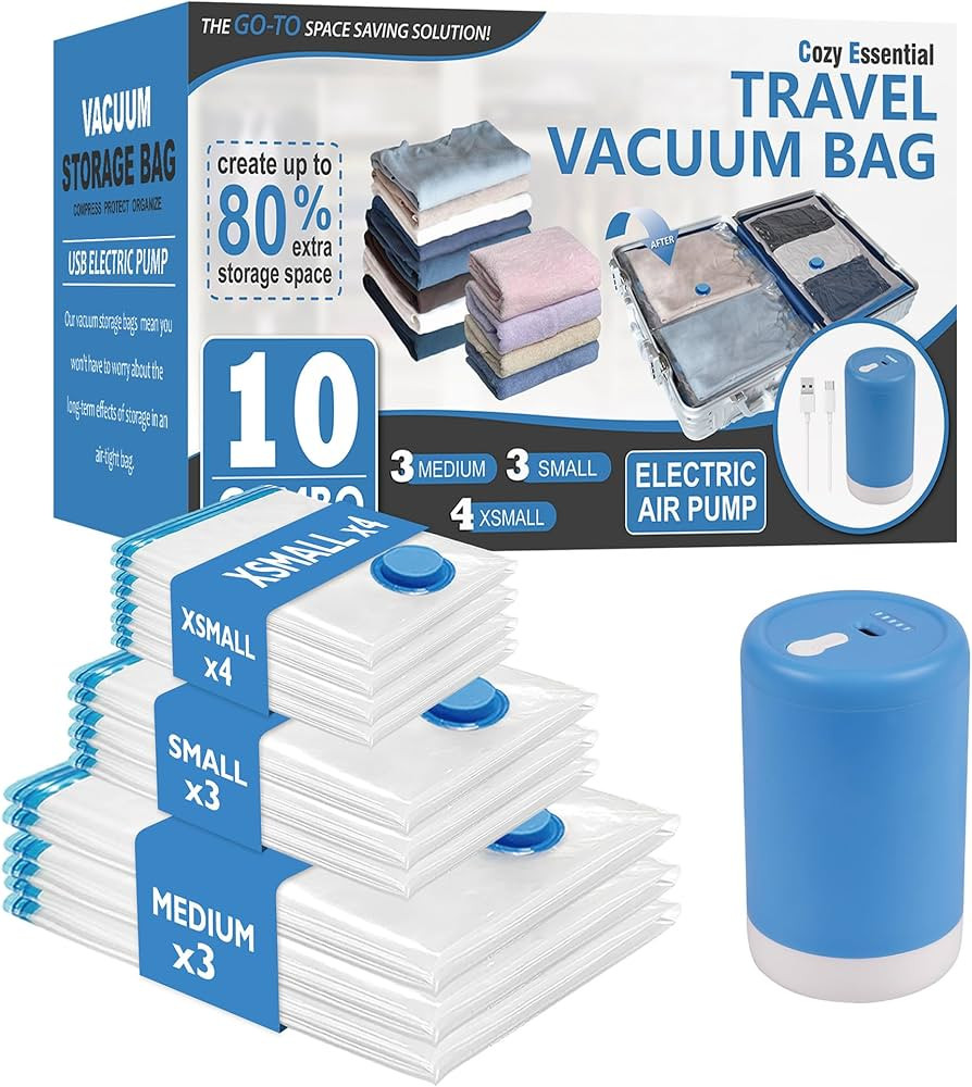 Cozy Essential Travel Vacuum Bags with Rechargeable Electric Pump, 10 Pack Vacuum Travel Bags for... | Amazon (US)