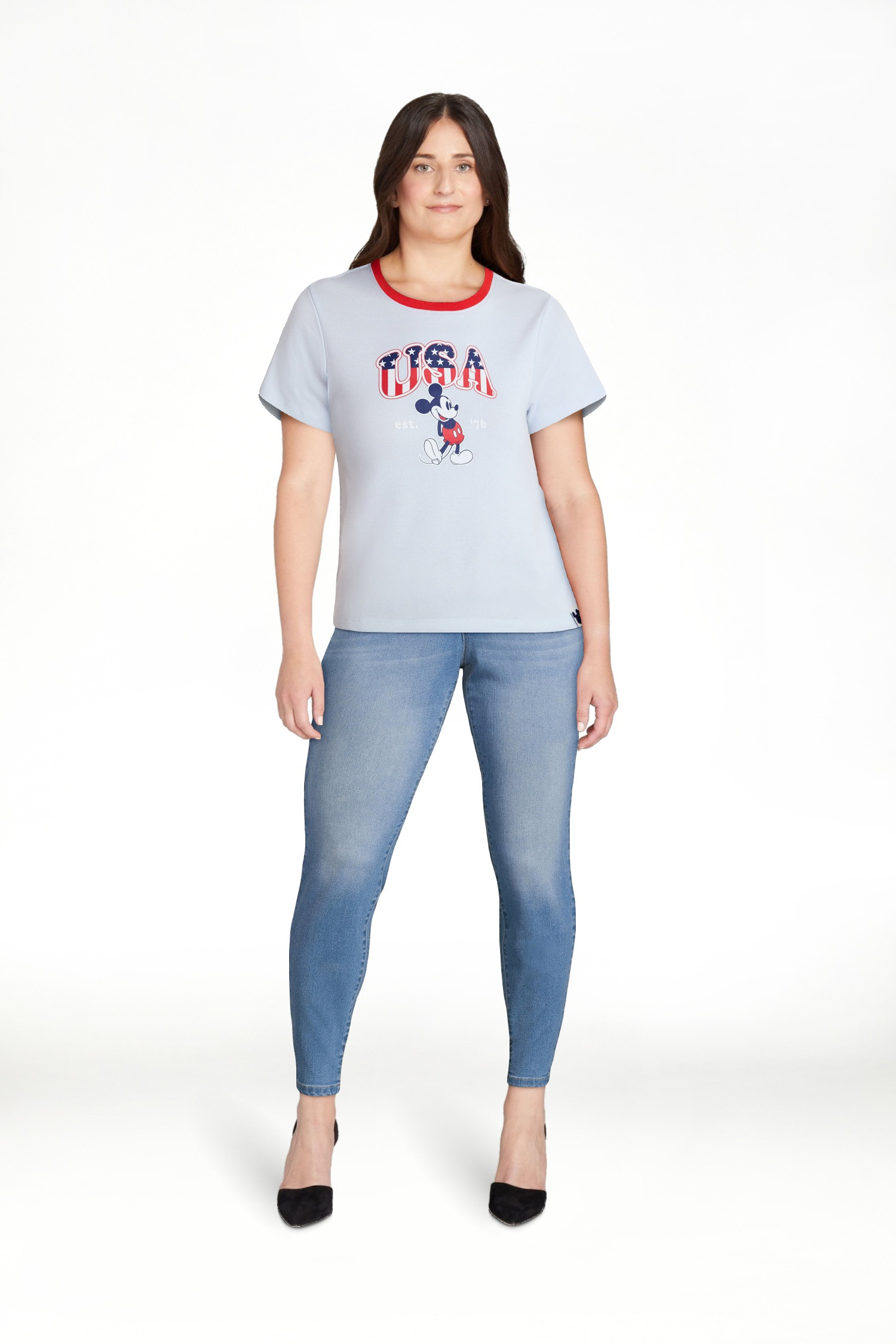 Disney Women's Mickey Stars and Stripes Graphic Baby Tee with Short Sleeves, Sizes XXS-5XL | Walmart (US)