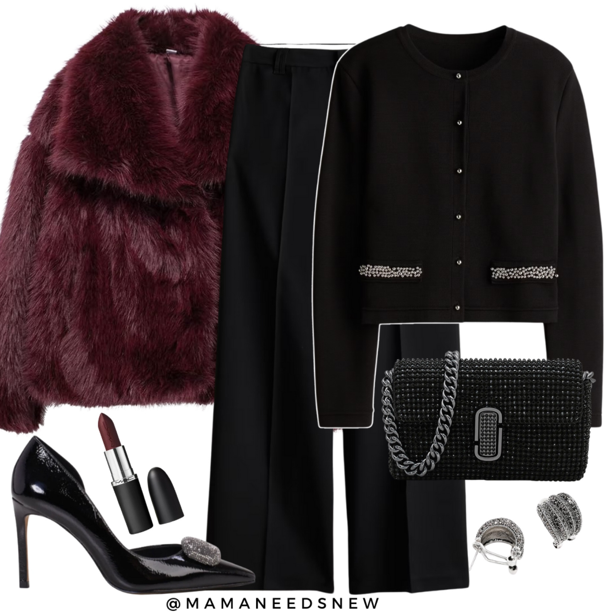 A holiday party outfit with a faux fur jacket, beaded cardigan, wide leg dress pants, heels & sparkly bag 🖤

#LTKSaleAlert #LTKParties #LTKHoliday