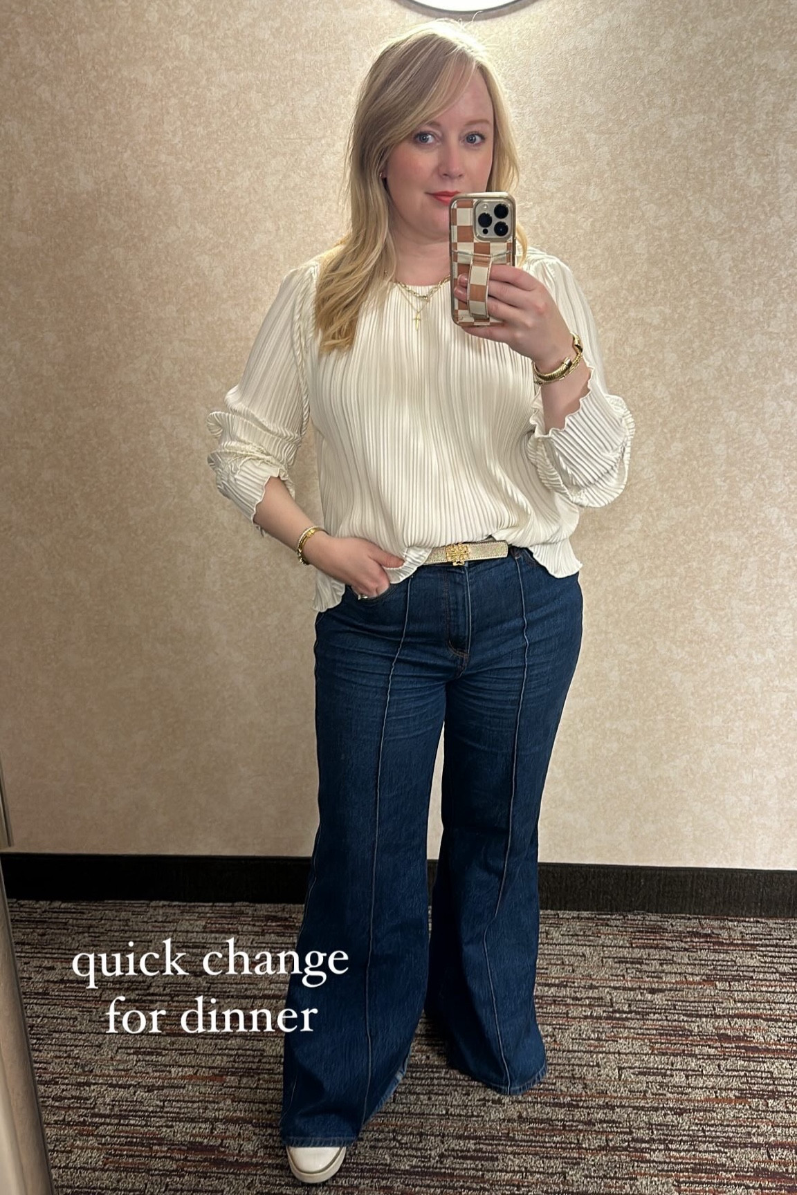 Loving the draping and pleating on this cream top. Jeans are long. If under 5’3” you might consider the petite  