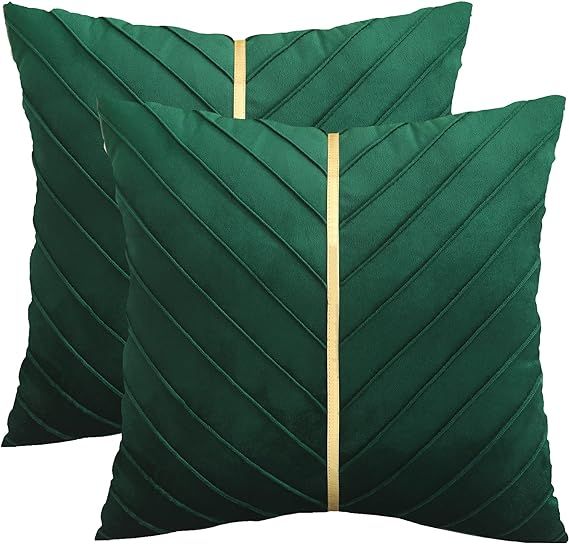 Tosleo Christmas Green Velvet Throw Pillow Covers 18x18 Pack of 2 with Gold Leather Forest Green ... | Amazon (US)