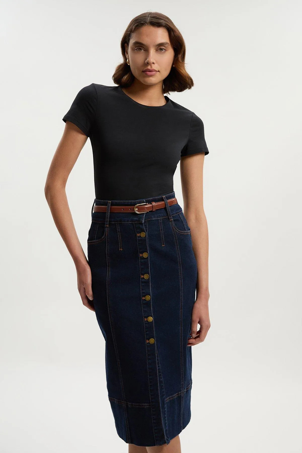 Petite Denim Corset Waist Detail Pencil Skirt | Karen Millen UK + IE + DE + NL