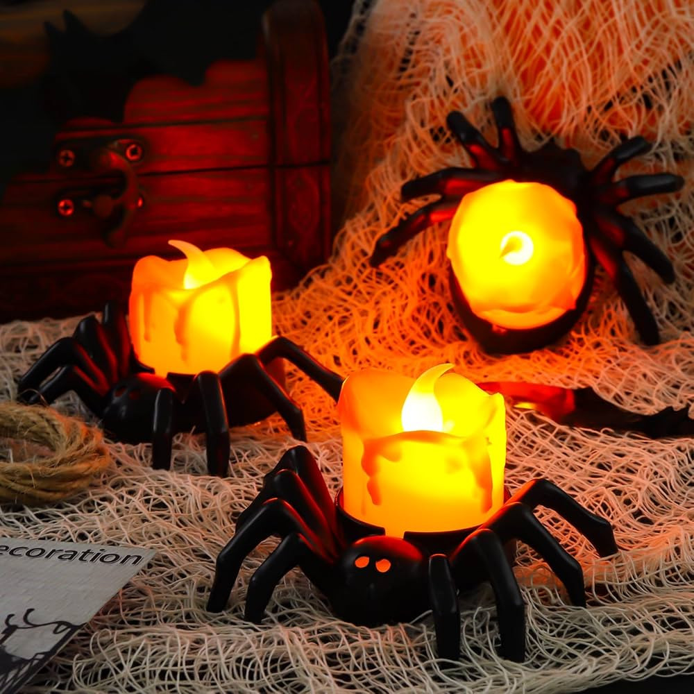 6PCS Halloween Spider Tea Lights Decoration, Halloween Flameless LED Candle Holder Lights Battery... | Amazon (US)