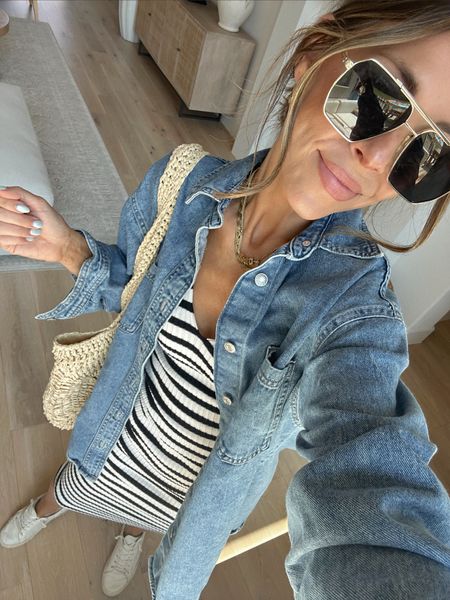 Mom ootd! New H&M striped dress and old denim shacket! Love these Amazon sunglasses  

#LTKunder50 #LTKstyletip #LTKFind