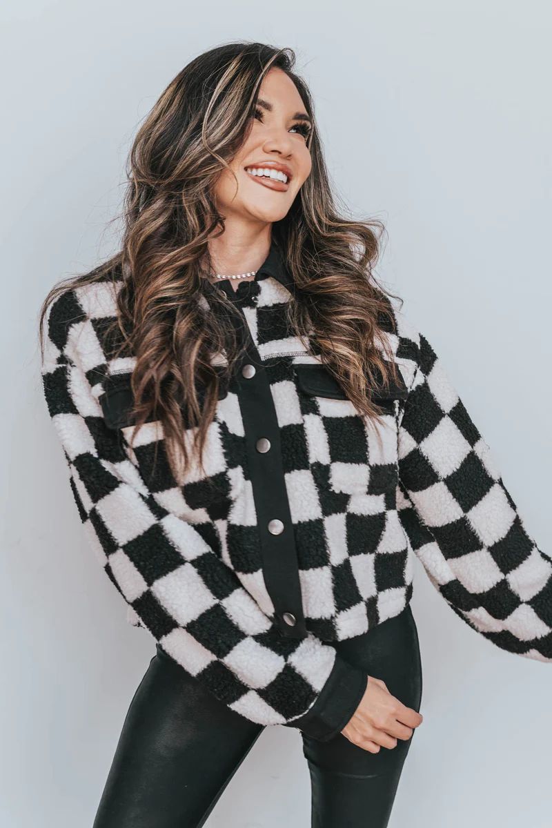 Fleece Snap Up Black Checkered Crop Jacket | Apricot Lane Boutique