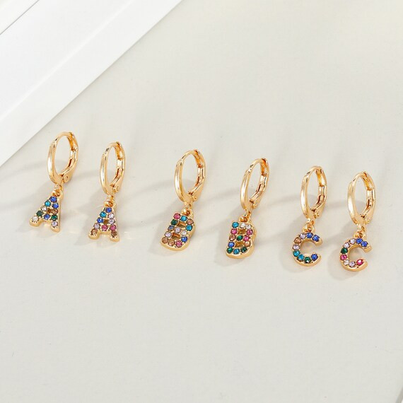 Rainbow Crystal A - Z Initial Huggie Hoop Earrings, Small Letter Charm Earrings, Dainty Alphabet ... | Etsy (US)