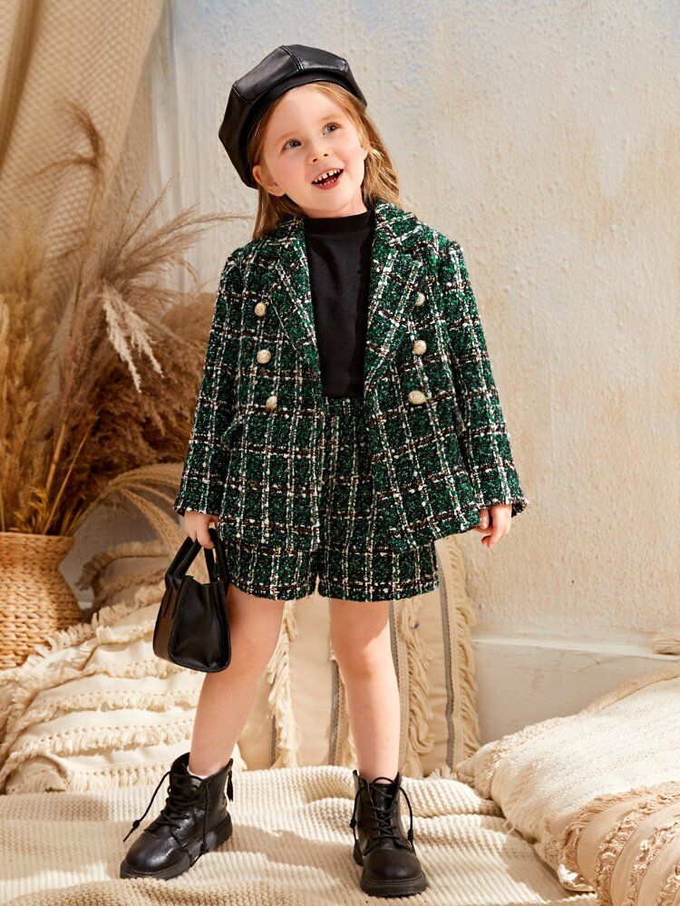 SHEIN Toddler Girls Double Breasted Tweed Jacket & Shorts | SHEIN