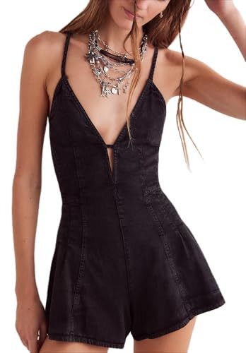 Yoawdats Women Spaghetti Strap Denim Romper Sleeveless V Neck Backless Tie-Up Jean Short Jumpsuits Y2k Ruffle Jean Overalls (Black, S) | Amazon (US)