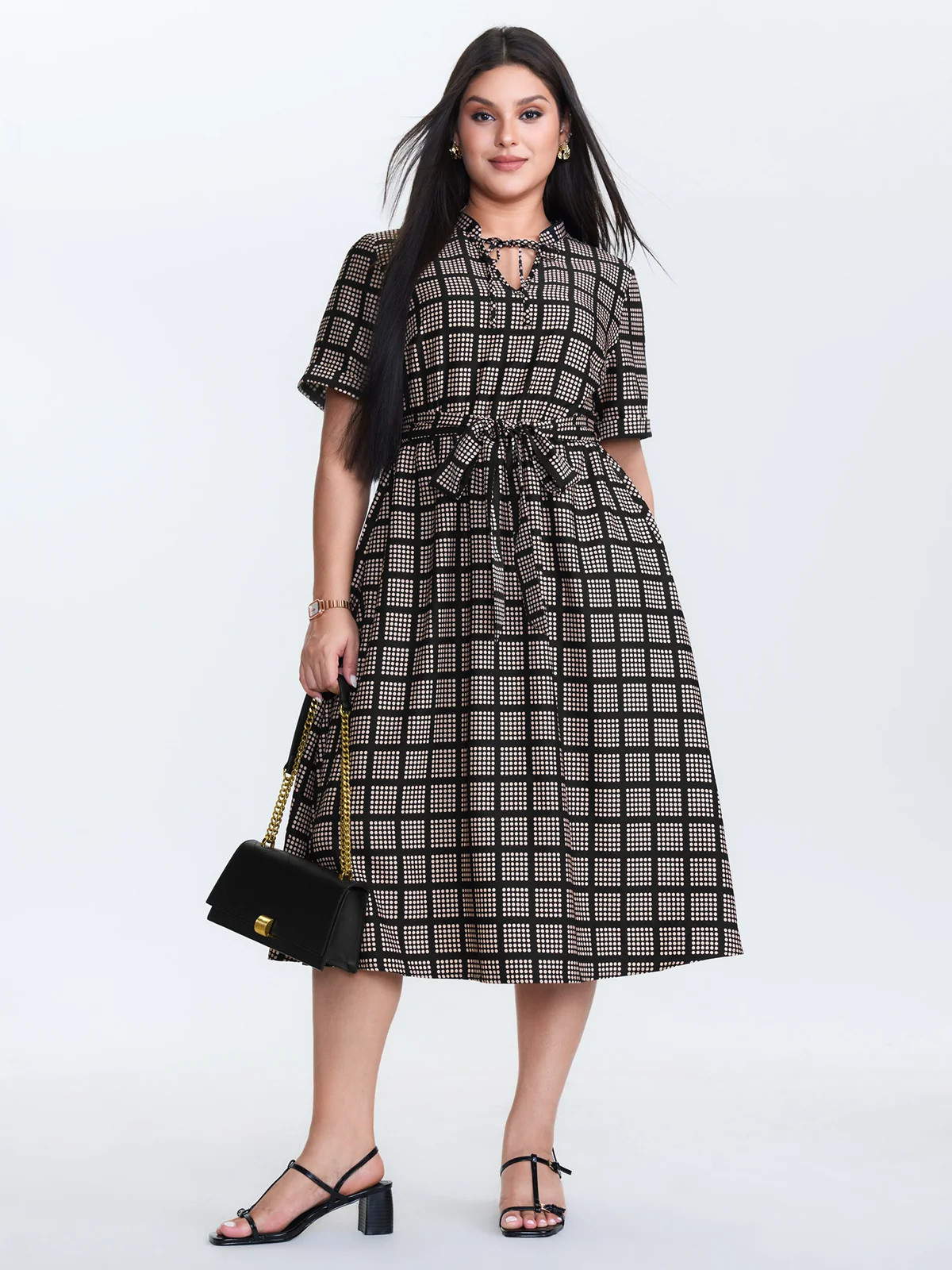 Grid Print Collar Waist-Tie Midi Dress | Bloomchic
