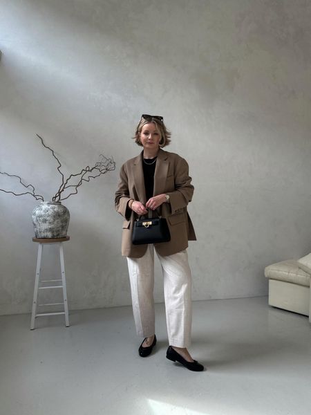 Smart chic spring outfit - Frankie shop Bea blazer, black cos clean cut t shirt, Parisa wang mini handbag, Abercrombie tapered white linen trousers, mantra black ballet flats & sunglasses  

#LTKeurope #LTKSeasonal #LTKstyletip