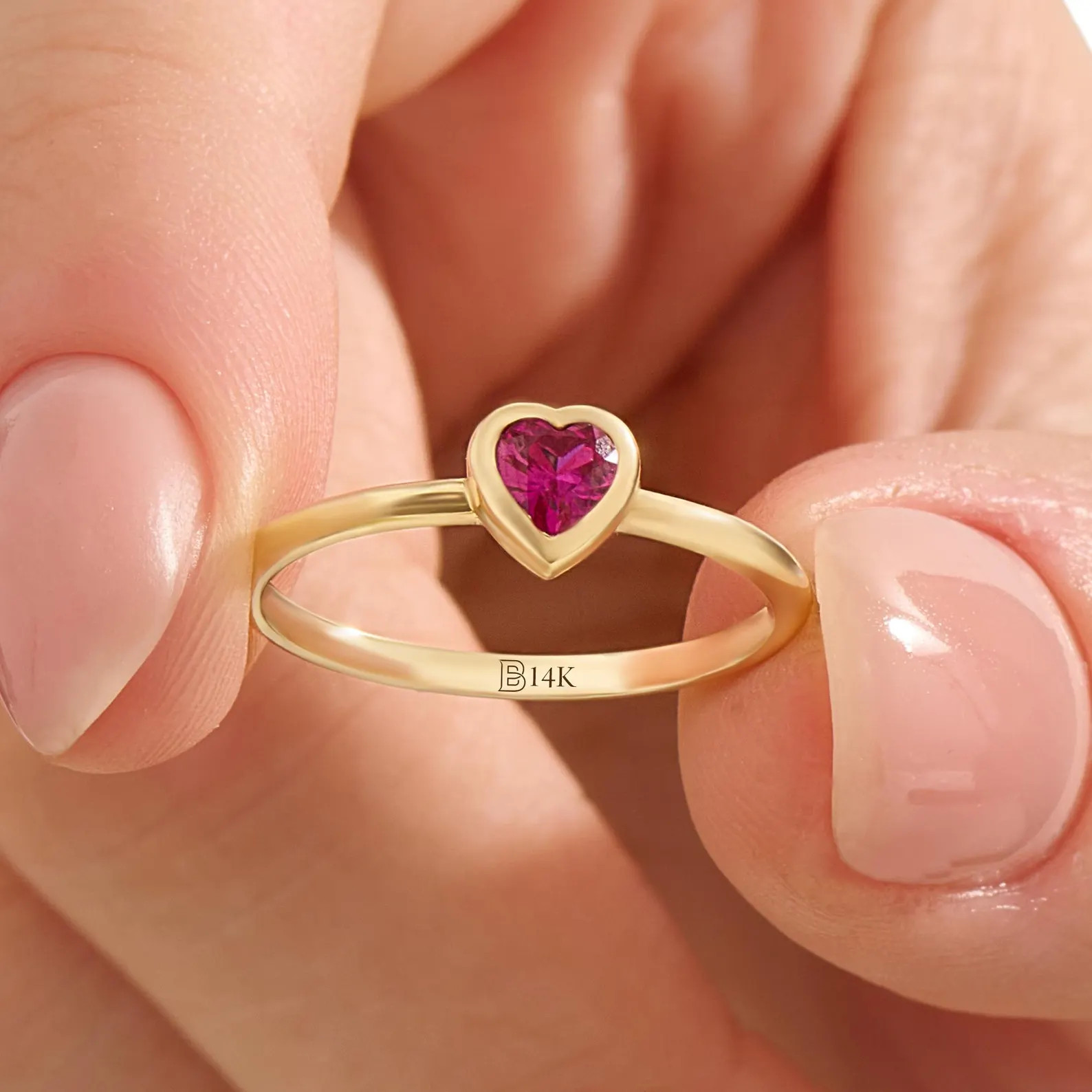 14k Solid Gold Ruby Heart Ring • Dainty Bezel Pinky Ring for Women • Romantic Fine Jewelry Gi... | Etsy (US)